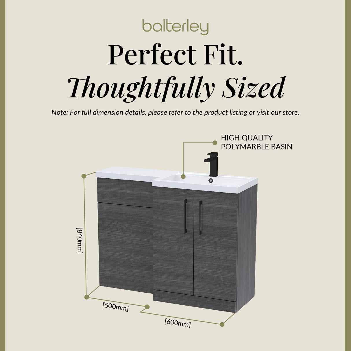 Bathroom Combination Vanity Unit with Basin & WC, Right Hand, 1100mm x 390mm - Choice of Colour and Handle Finish
