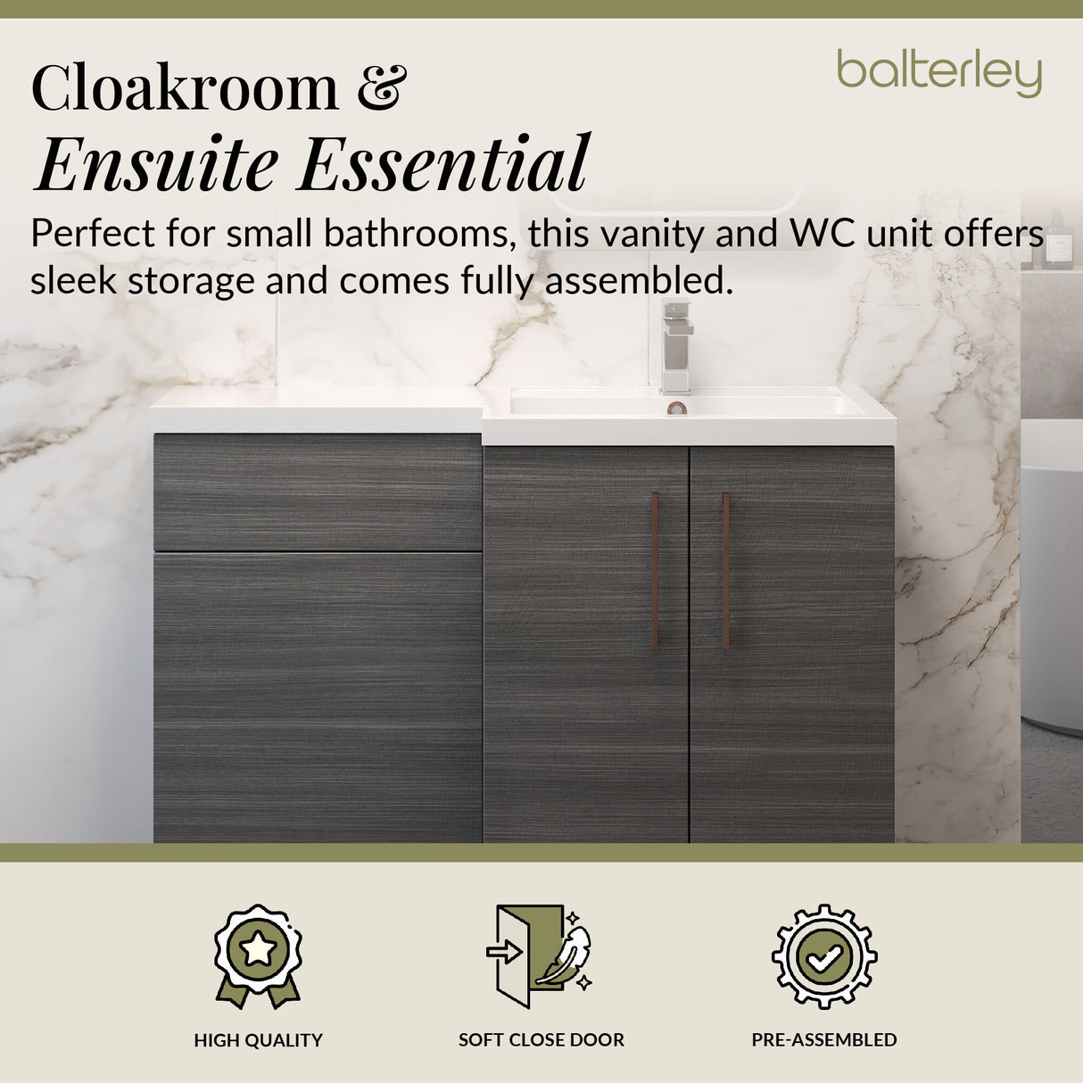 Bathroom Combination Vanity Unit with Basin & WC, Right Hand, 1100mm x 390mm - Choice of Colour and Handle Finish