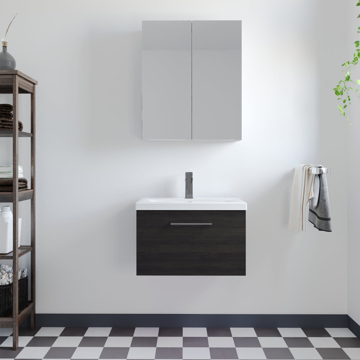 Wall Hung 1 Drawer Vanity Unit with Mid-Edge Ceramic Basin - Choice of Colour, Handle Finish and Size