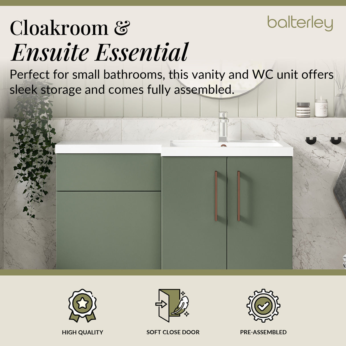 Bathroom Combination Vanity Unit with Basin & WC, Right Hand, 1100mm x 390mm - Choice of Colour and Handle Finish