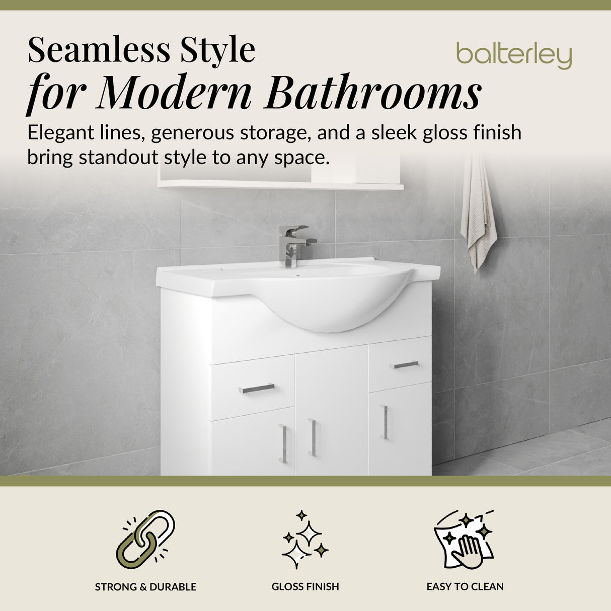 Contemporary Floor Standing Vanity Unit with Round Ceramic Basin – Gloss White, Choice of Doors, Drawers & Sizes