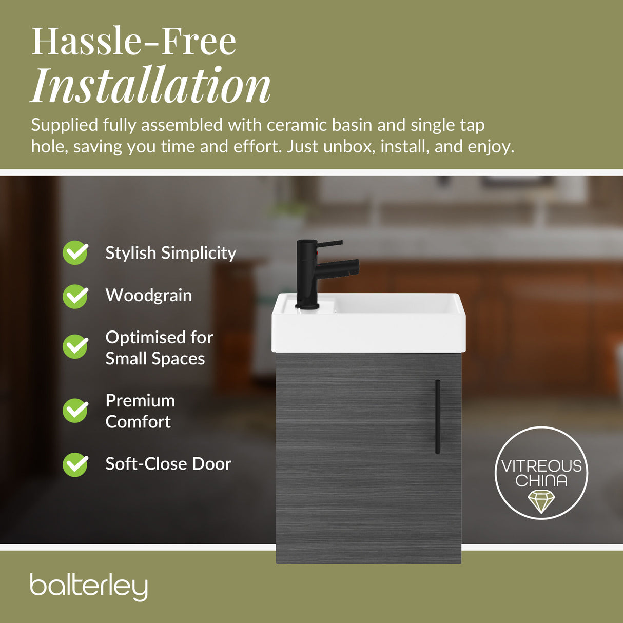 Compact Cloakroom Vanity Basin Unit, 400mm - Choice of Mount Type, Colour and Handle Finish