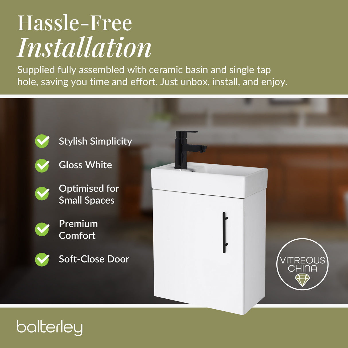 Compact Cloakroom Vanity Basin Unit, 400mm - Choice of Mount Type, Colour and Handle Finish