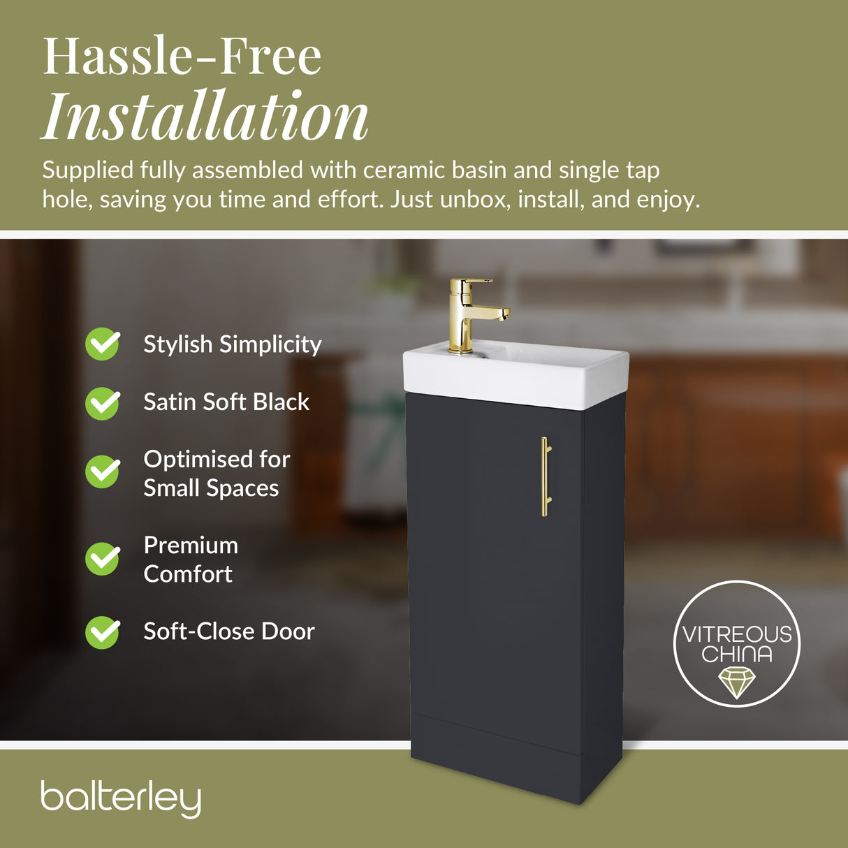 Compact Cloakroom Vanity Basin Unit, 400mm - Choice of Mount Type, Colour and Handle Finish