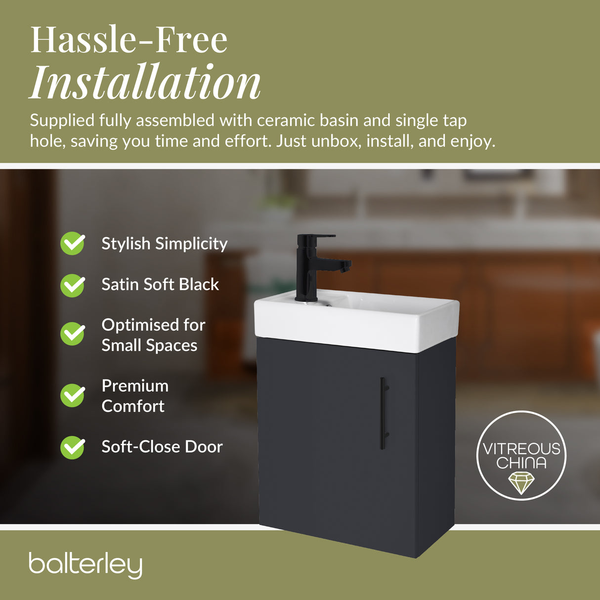 Compact Cloakroom Vanity Basin Unit, 400mm - Choice of Mount Type, Colour and Handle Finish