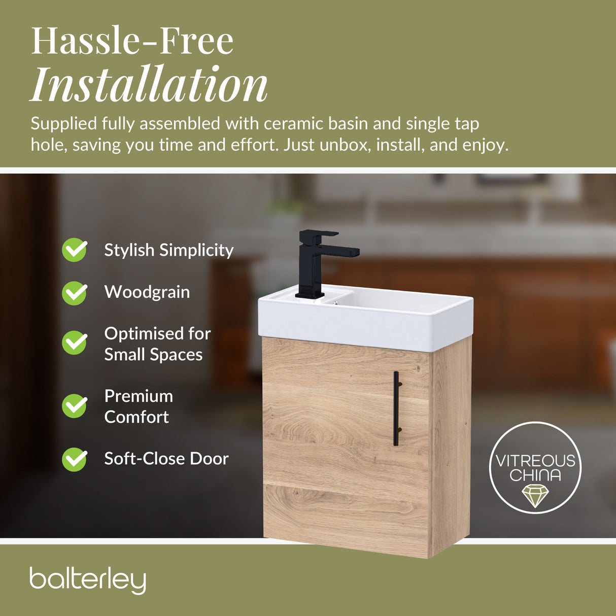 Compact Cloakroom Vanity Basin Unit, 400mm - Choice of Mount Type, Colour and Handle Finish