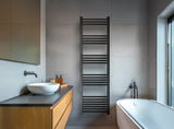 Bathroom with a towel radiator, sink, and bathtub.