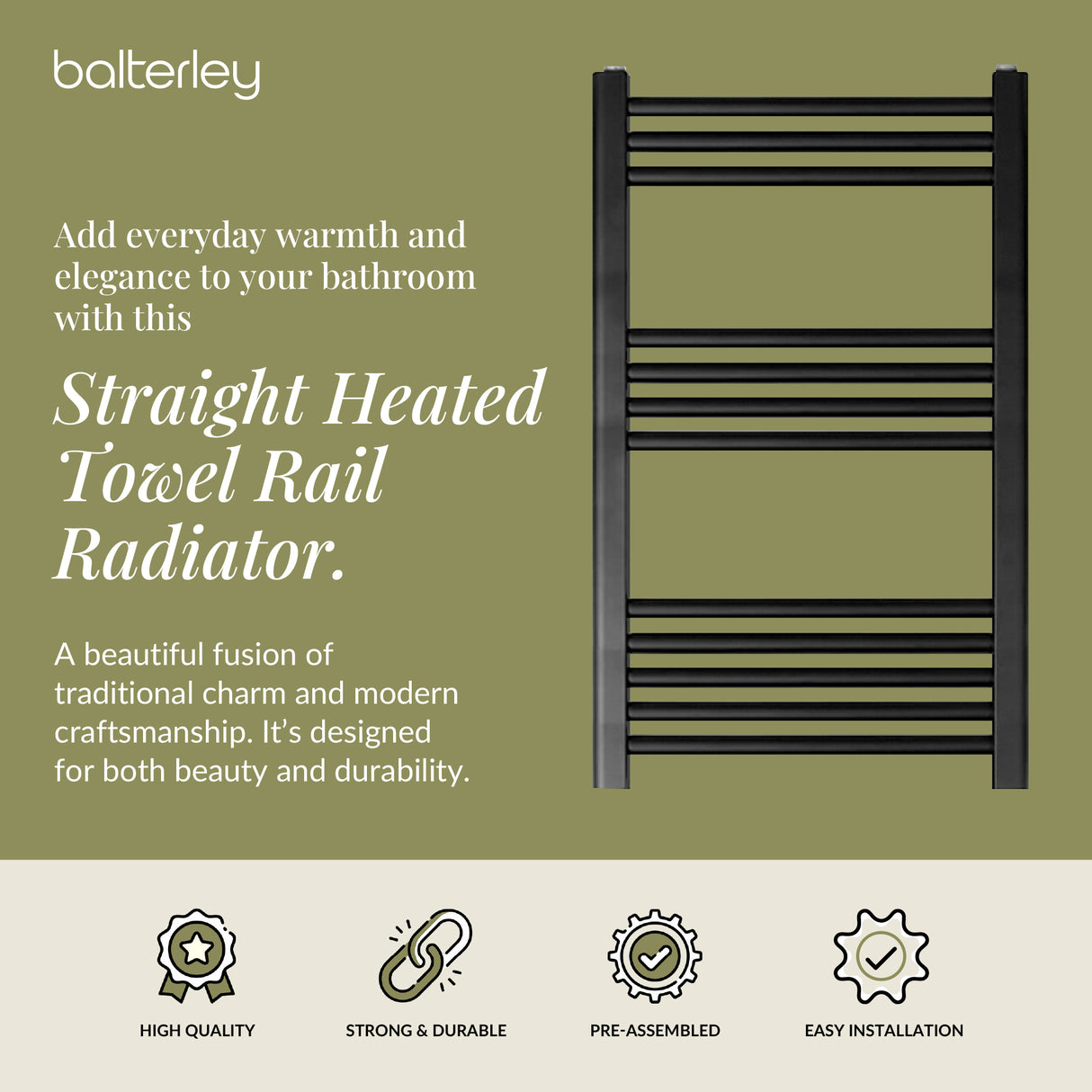 Straight Heated Rail Dual Fuel Towel Warmer, W: 500mm – Choice of Size & Finish