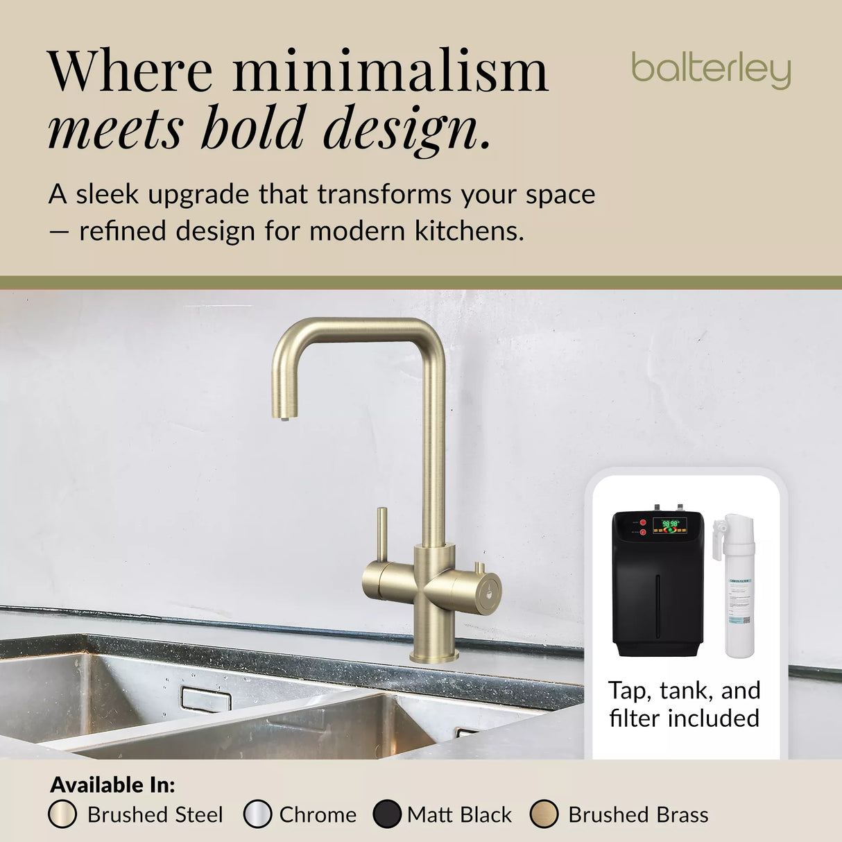3 in 1 Boiling Water Tap Kit - Instant Hot Water Tap with Dual Lever Handles,Tank and Filter in a range of finishes