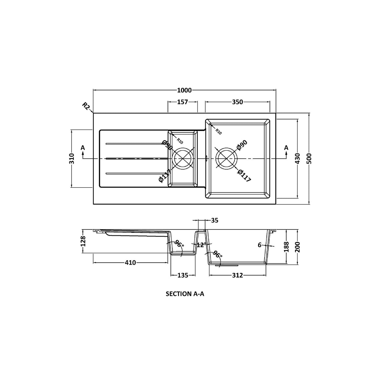 101cm Composite Inset Kitchen Sink with Overflow & Drainer - Available in Multiple Colours