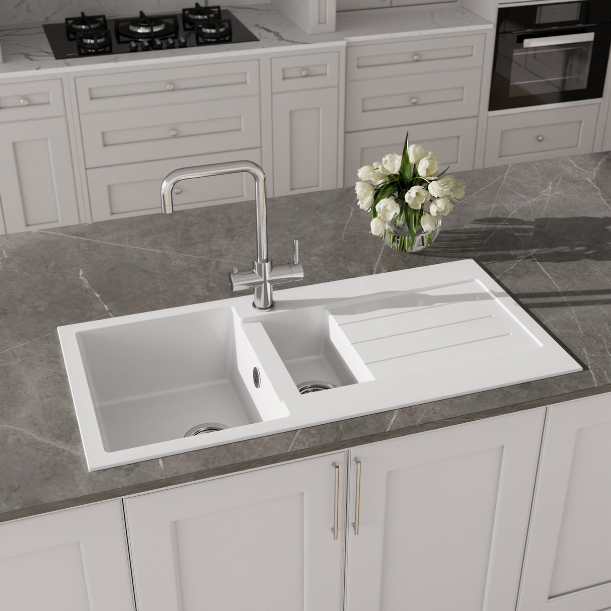 101cm Composite Inset Kitchen Sink with Overflow & Drainer - Available in Multiple Colours