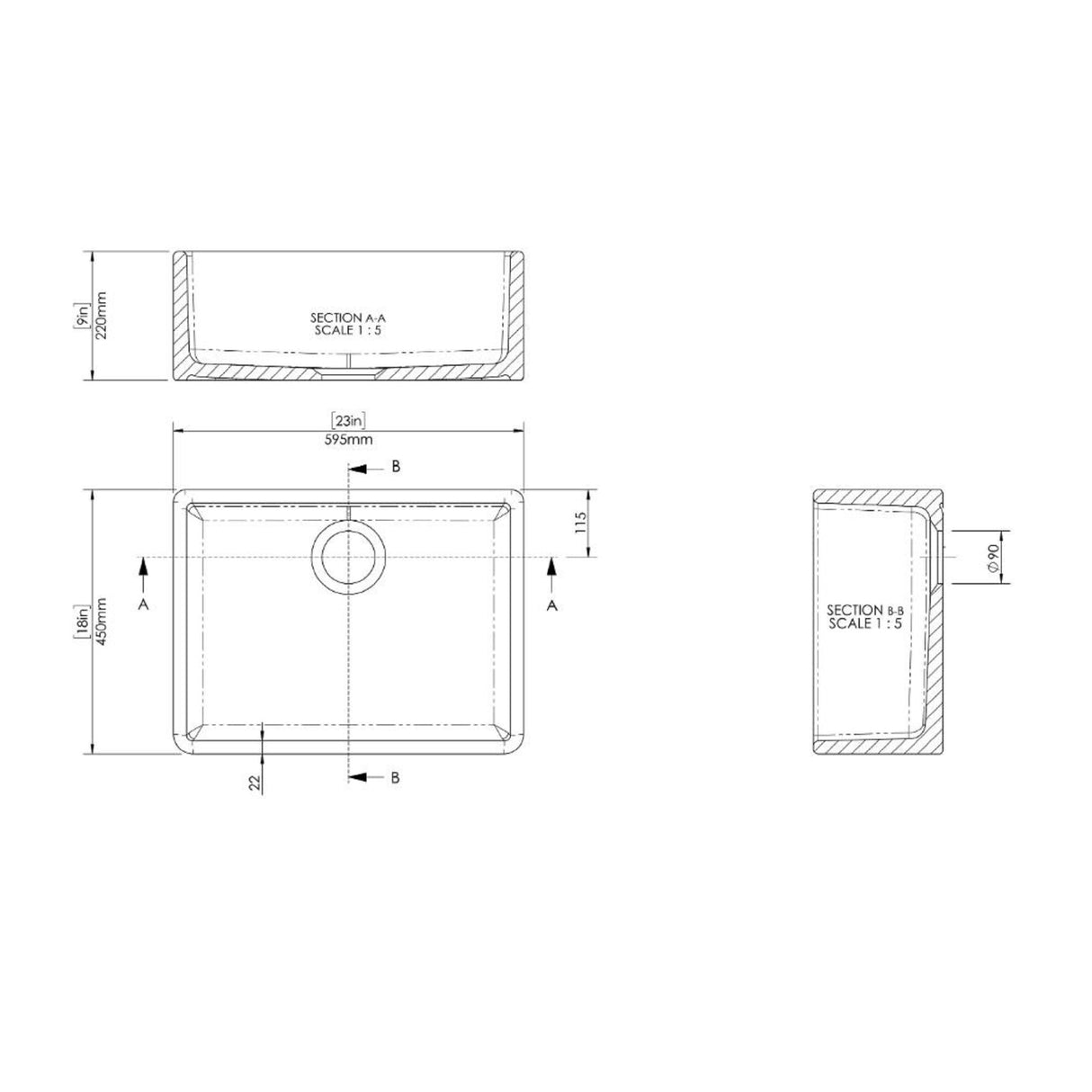 Single Bowl Butler Fireclay Kitchen Sink - 595mm - Multiple Colours