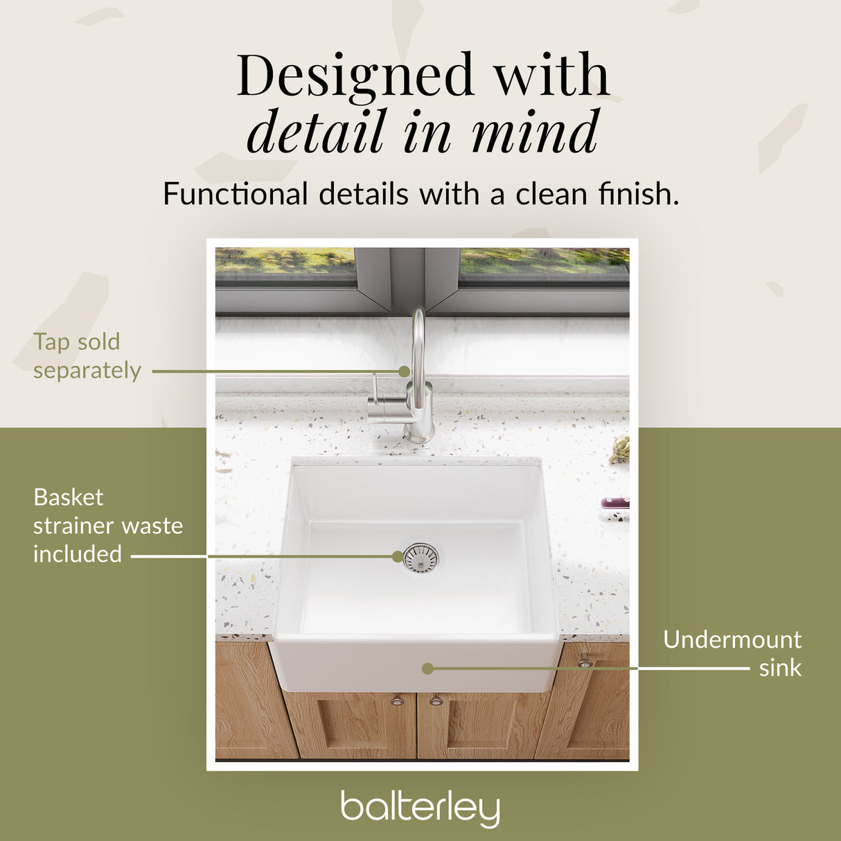 Single Bowl Fireclay Ceramic Butler Kitchen Sink with Chrome Strainer Waste