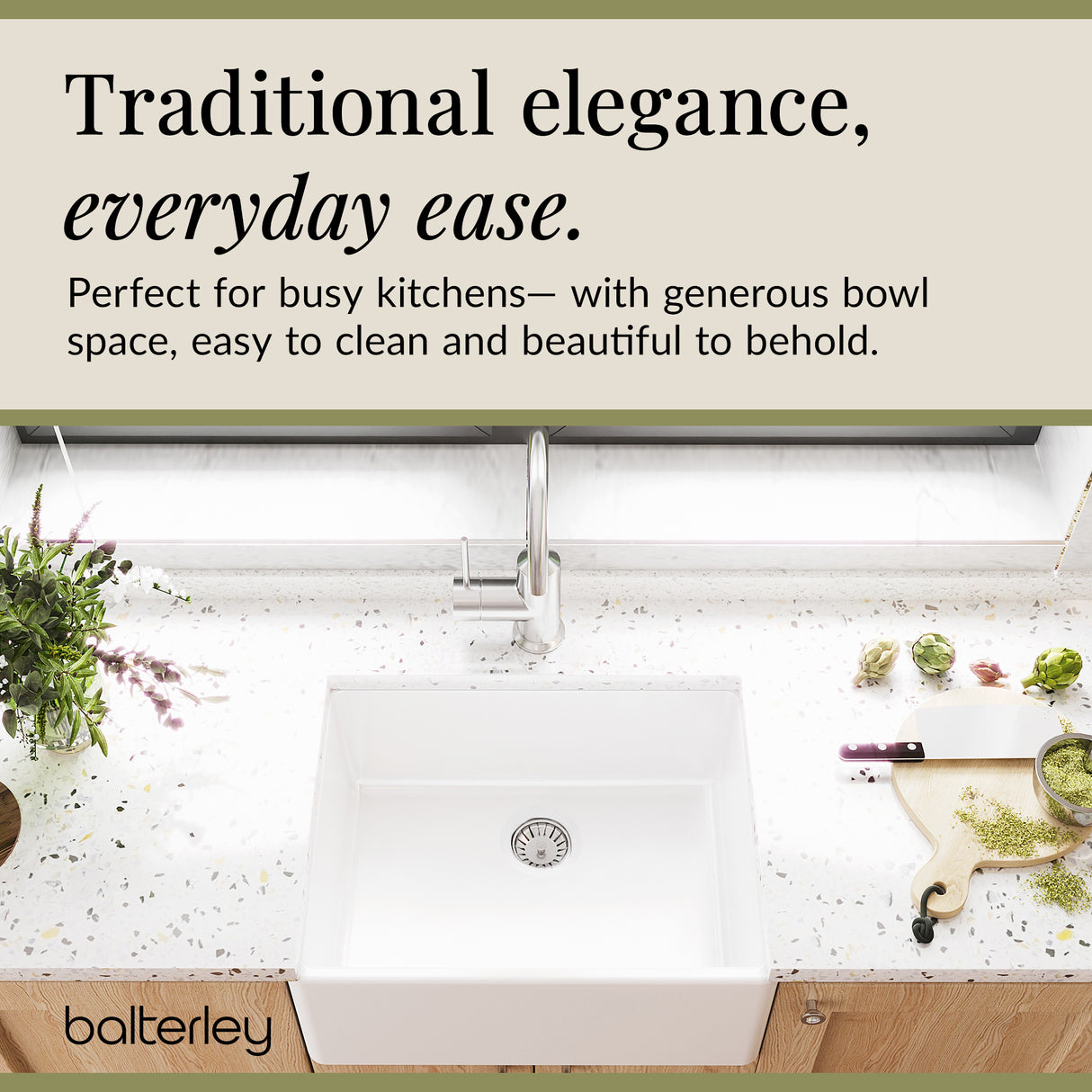 Single Bowl Fireclay Ceramic Butler Kitchen Sink with Chrome Strainer Waste