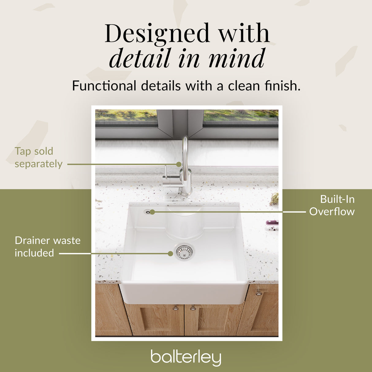 Single Bowl Fireclay Ceramic Butler Kitchen Sink with Ledge , Overflow & Waste