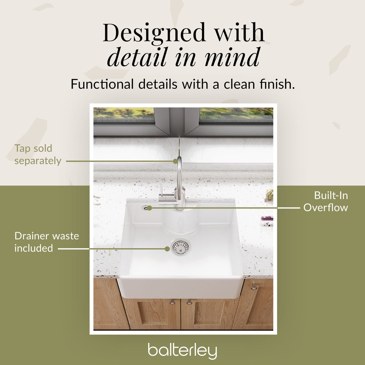 Single Bowl Fireclay Ceramic Butler Kitchen Sink with Tap Ledge, Hole, Overflow & Waste