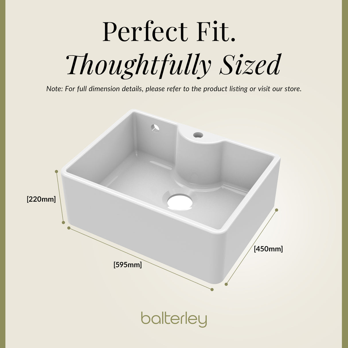Single Bowl Fireclay Ceramic Butler Kitchen Sink with Tap Ledge, Hole, Overflow & Waste