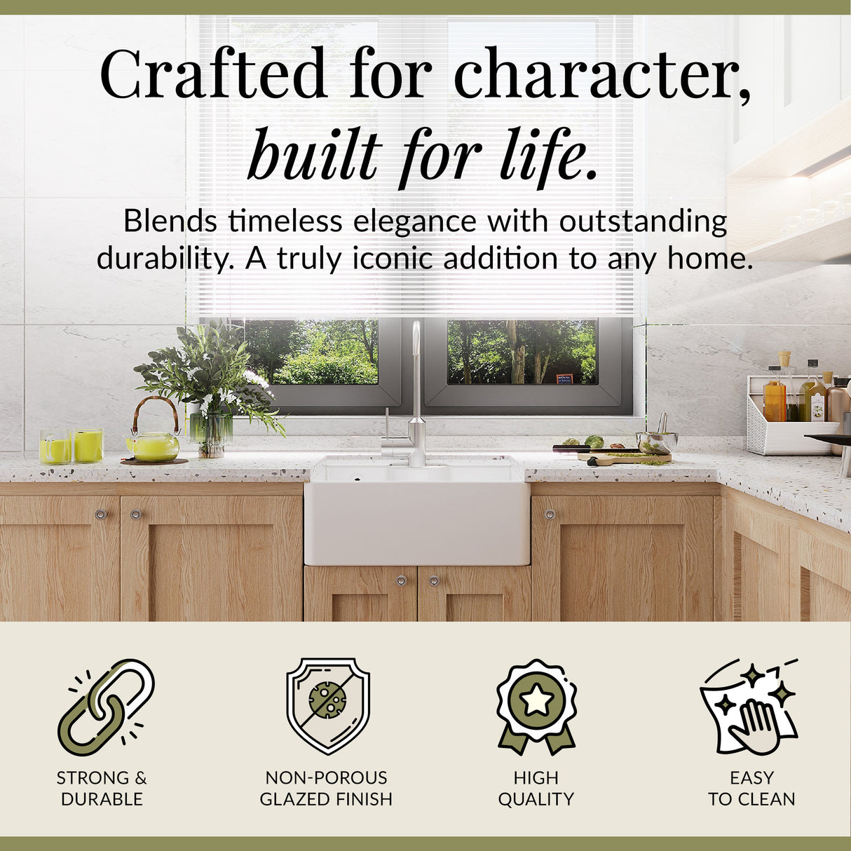 Single Bowl Fireclay Ceramic Butler Kitchen Sink with Tap Ledge, Hole, Overflow & Waste