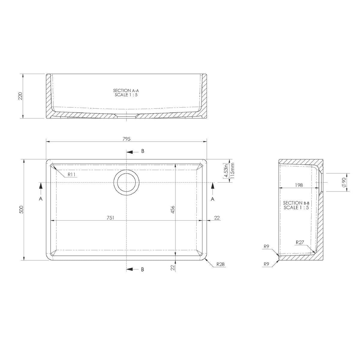 Single Bowl Butler Kitchen Sink - Choice of Tap and Waste - 795mm