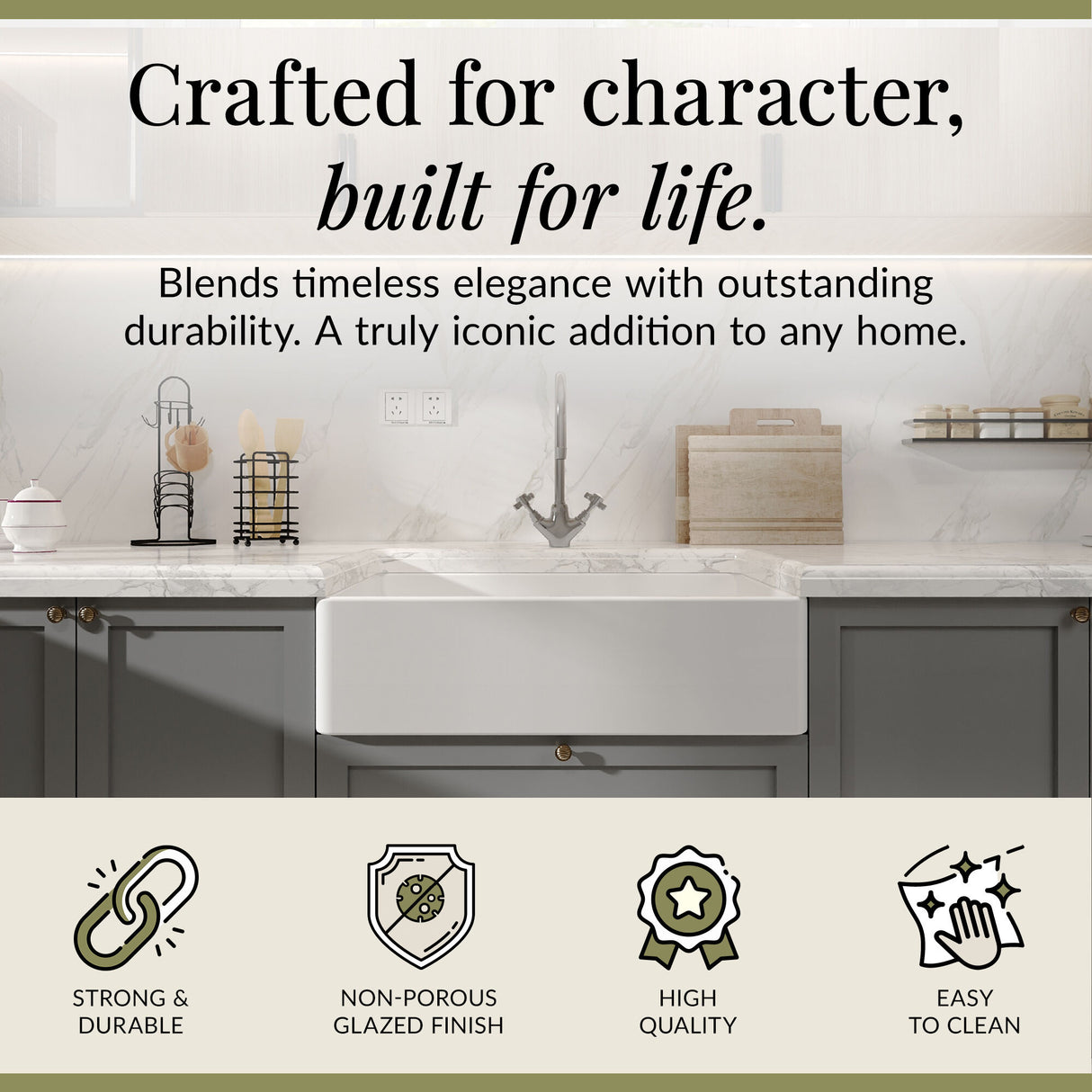 Single Bowl Fireclay Ceramic Butler Kitchen Sink with No Overflow & No Tap Hole - 795mm