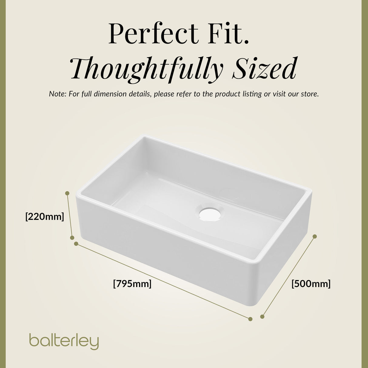 Single Bowl Fireclay Ceramic Butler Kitchen Sink with No Overflow & No Tap Hole - 795mm