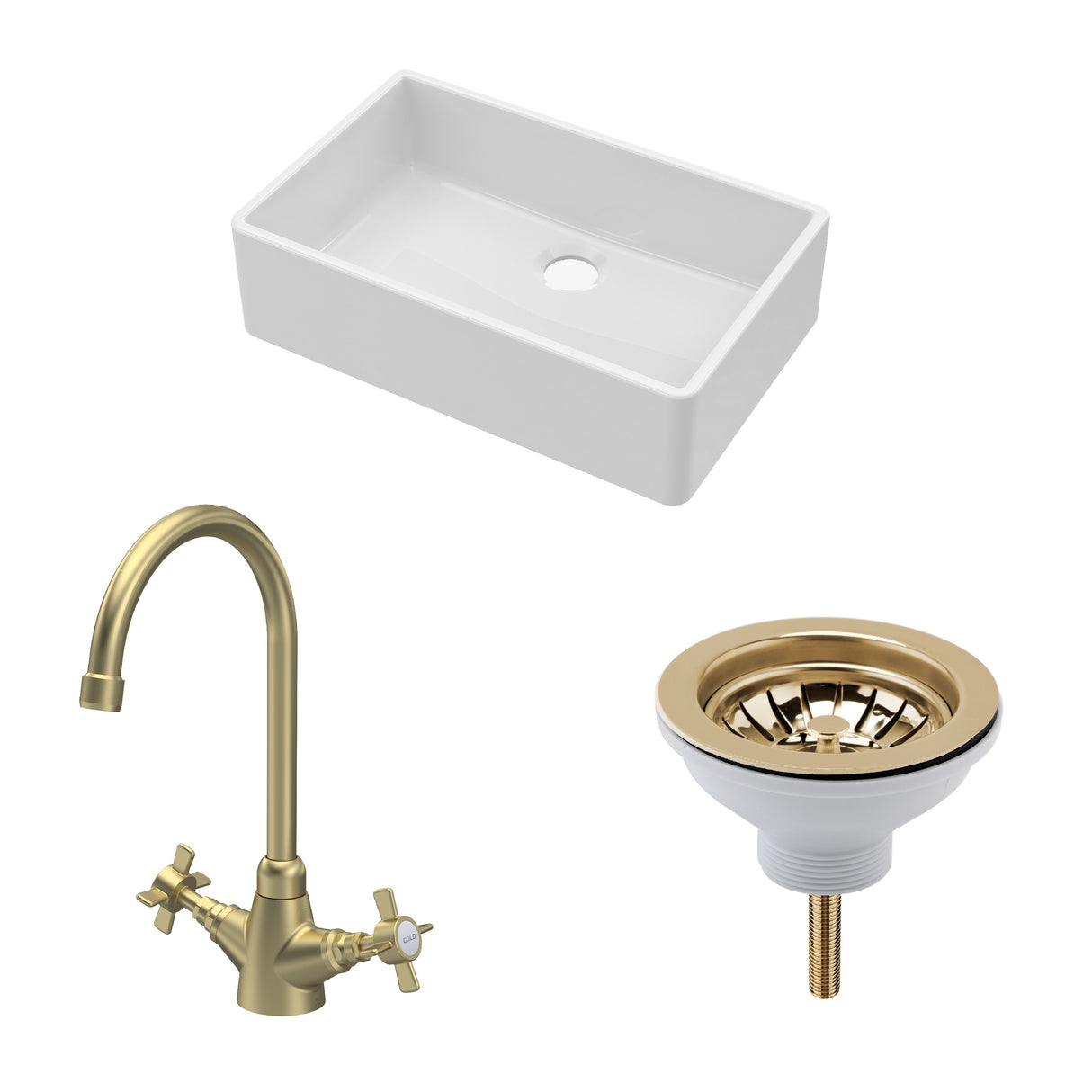 Fireclay Kitchen Bundle - Single Bowl Butler Sink, Waste & Mono Crosshead Tap, 795mm - Brushed Brass