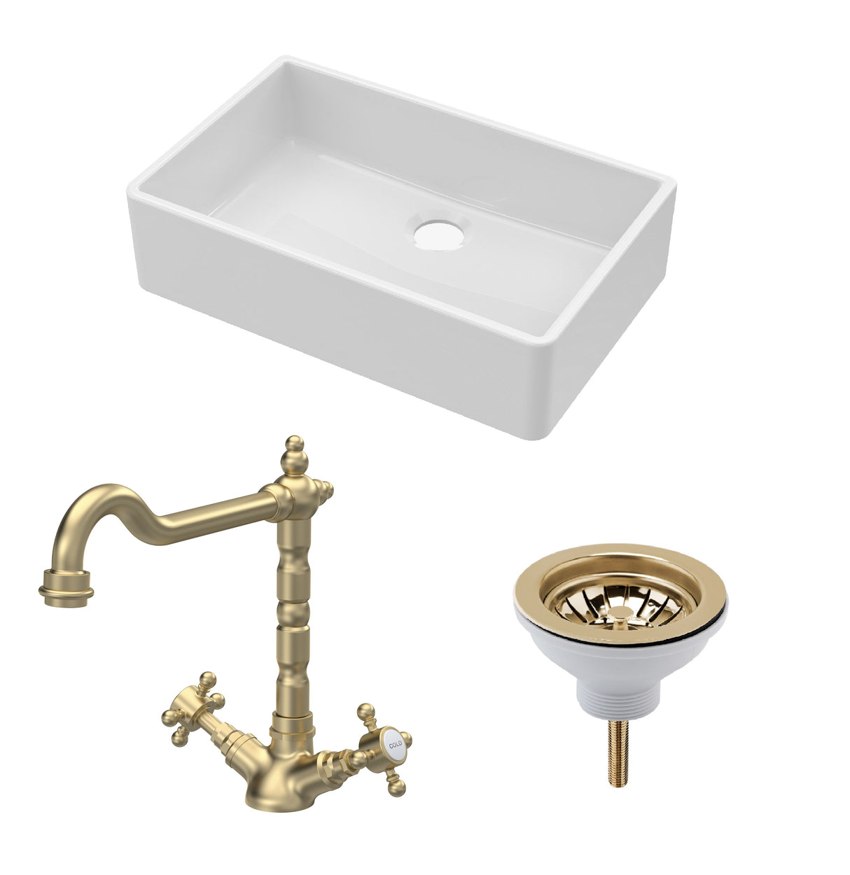 Fireclay Kitchen Bundle - Single Bowl Butler Sink, Waste & Classic Mono Tap, 795mm - Brushed Brass