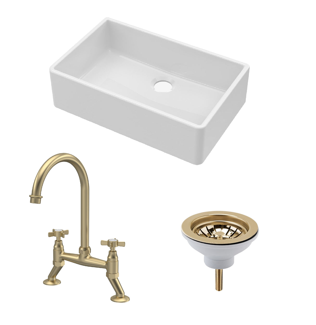 Fireclay Kitchen Bundle - Single Bowl Butler Sink, Waste & Bridge Crosshead Mixer Tap, 795mm - Brushed Brass