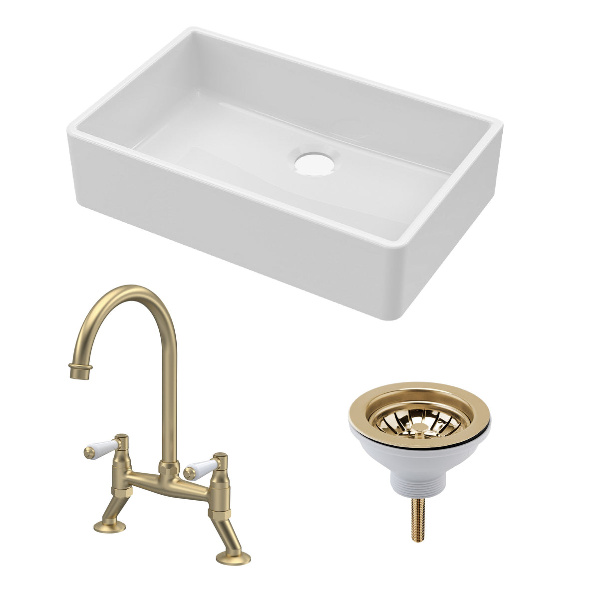 Fireclay Kitchen Bundle - Single Bowl Butler Sink, Waste & Bridge Lever Mixer Tap, 795mm - Brushed Brass