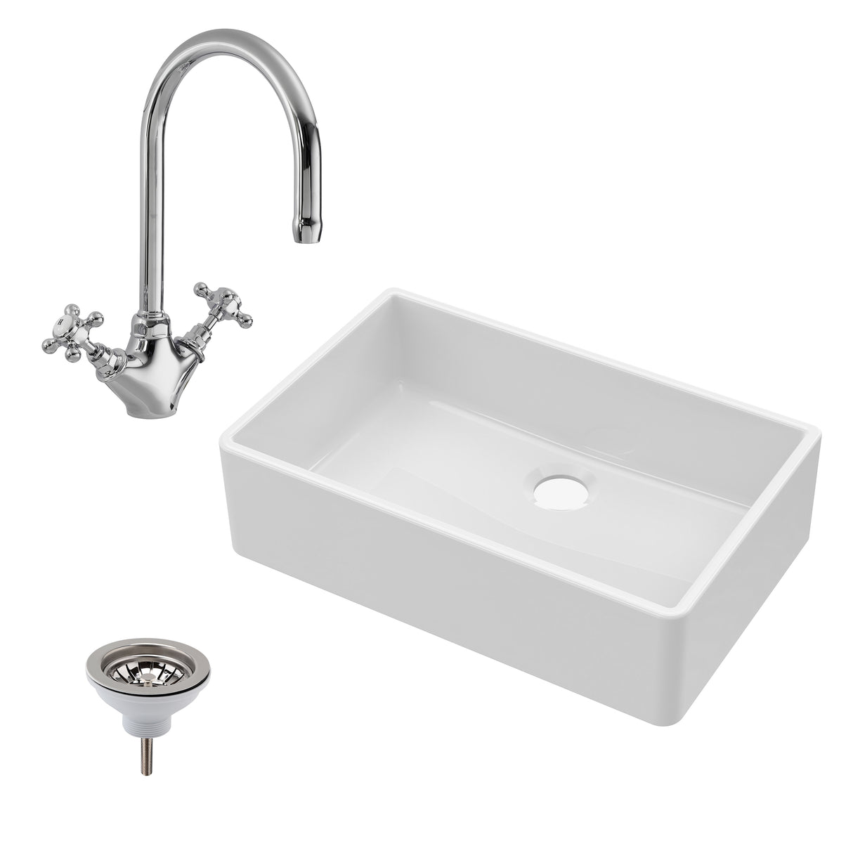 Single Bowl Fireclay Ceramic Butler Kitchen Sink Bundle with Mono Sink Mixer Tap & Waste