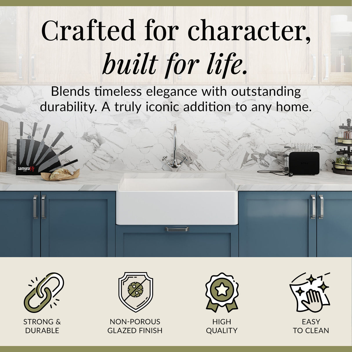 Single Bowl Fireclay Ceramic Butler Kitchen Sink Bundle with Mono Sink Mixer Tap & Waste