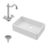 Single Bowl Fireclay Ceramic Butler Kitchen Sink Bundle with French Classic Tap & Waste