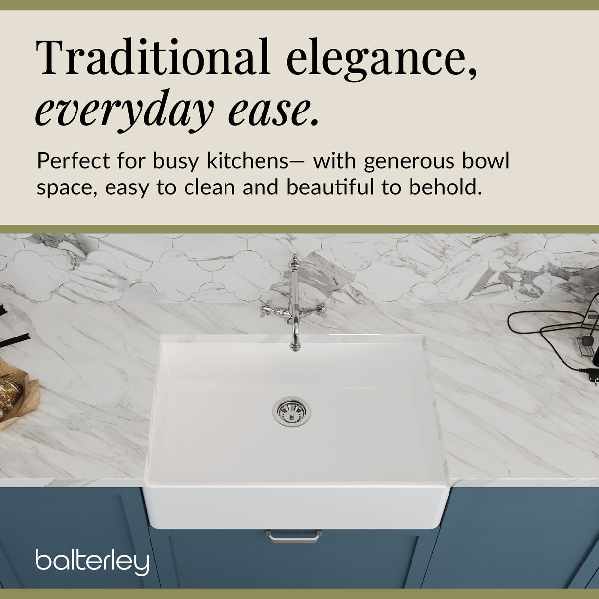 Single Bowl Fireclay Ceramic Butler Kitchen Sink Bundle with French Classic Tap & Waste