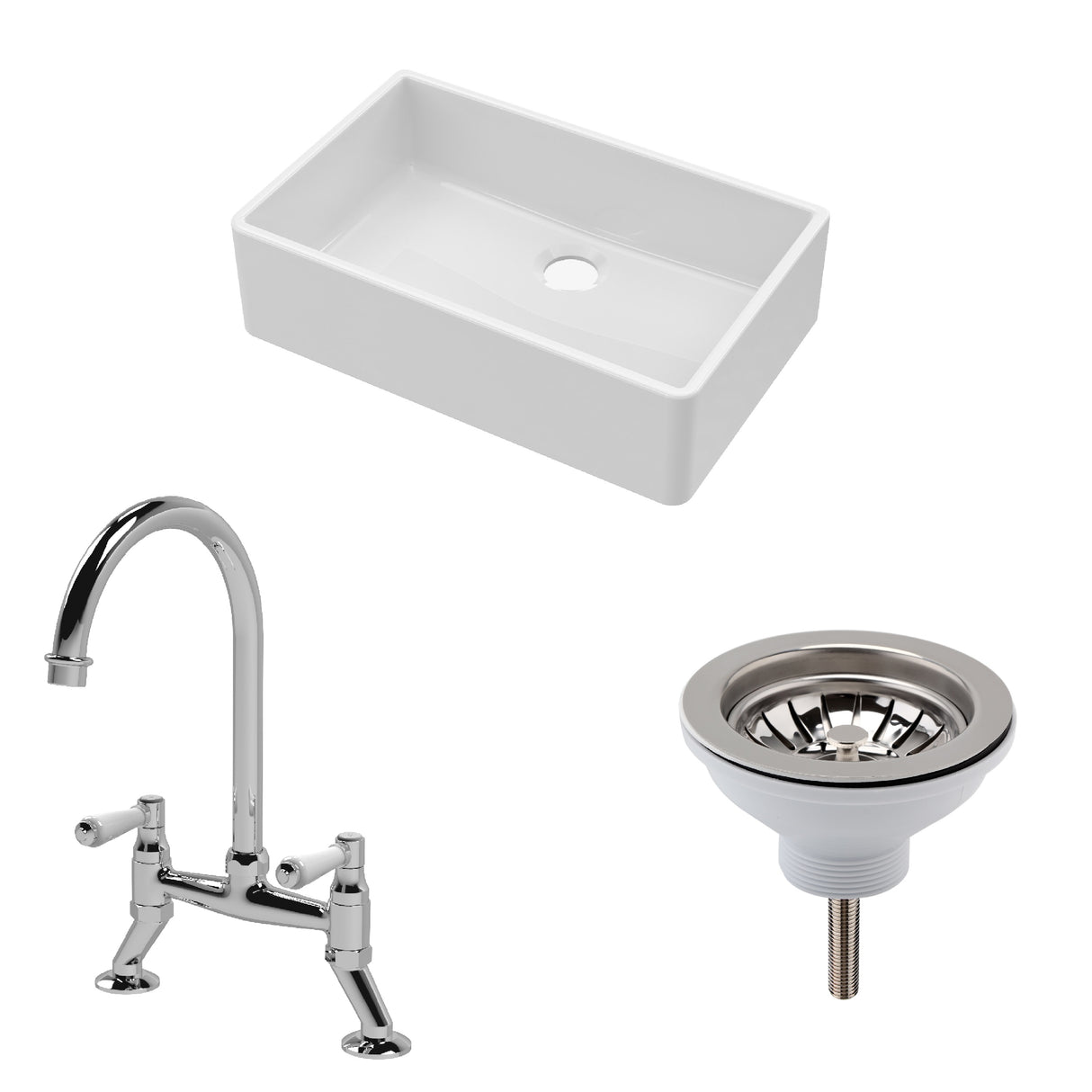 Fireclay Kitchen Bundle - Single Bowl Butler Sink, Waste & Bridge Mixer Tap, 795mm - Chrome