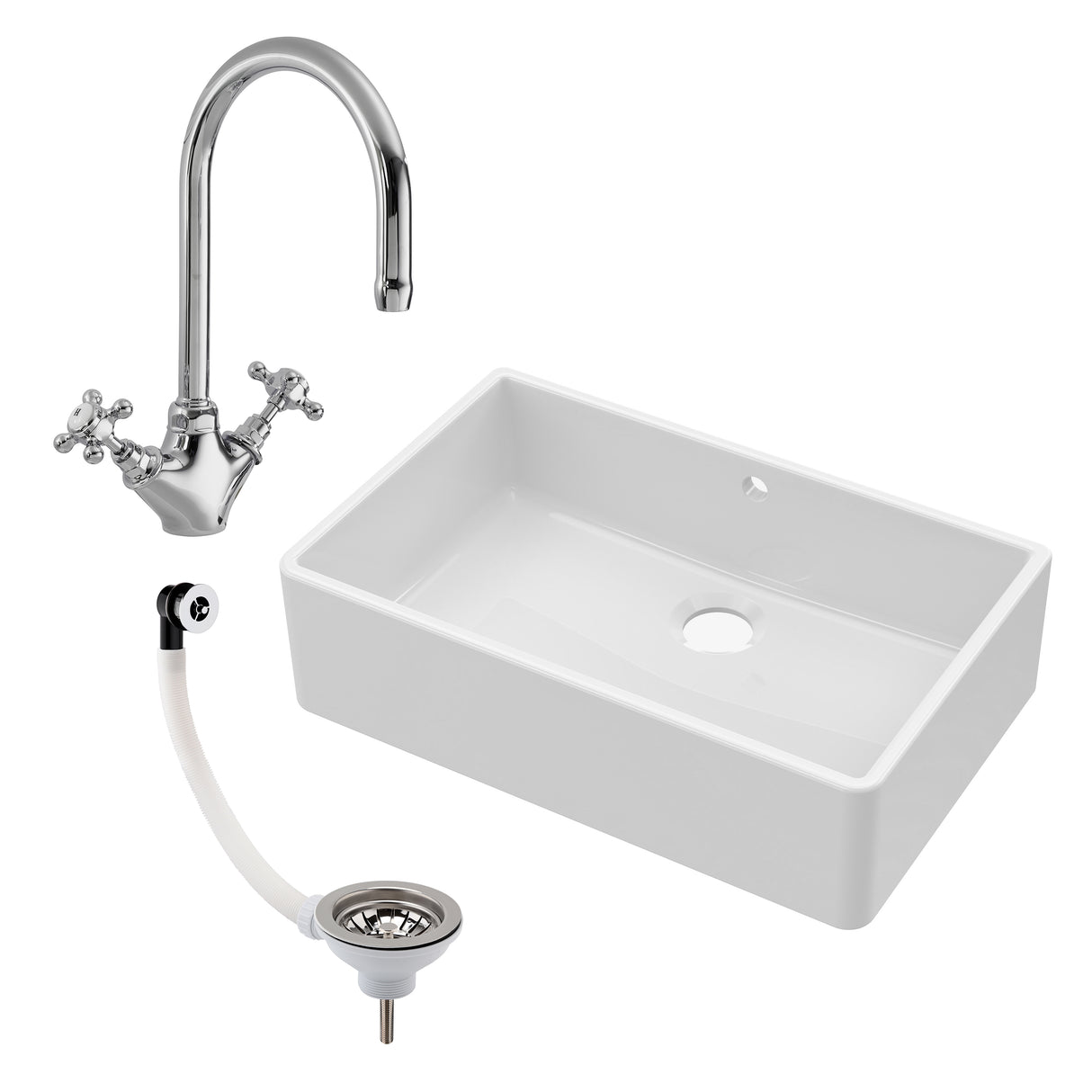 Single Bowl Fireclay Ceramic Butler Kitchen Sink Bundle inc Mixer Tap, Overflow & Waste