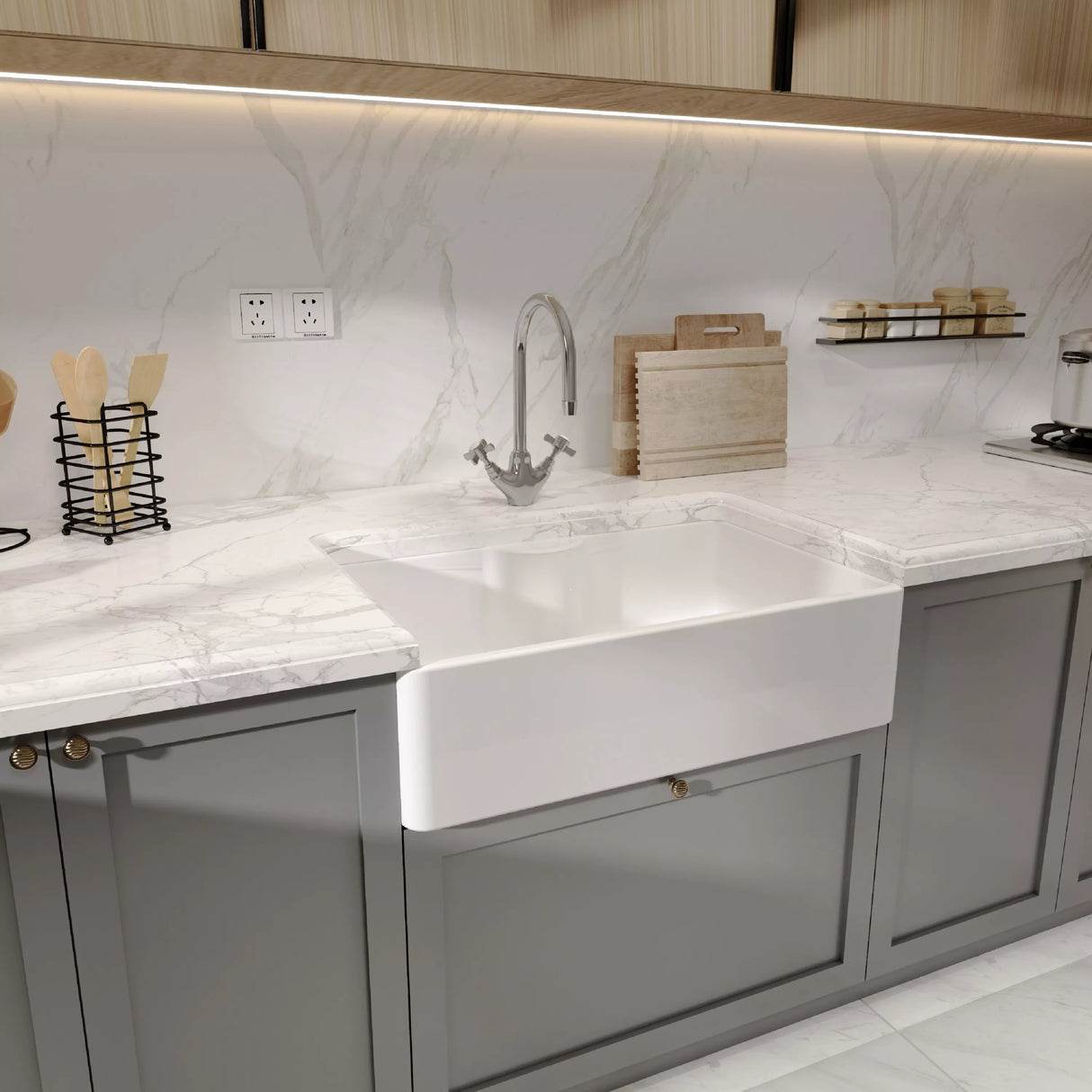 Single Bowl Fireclay Ceramic Butler Kitchen Sink - Variety of Sizes and Features Available