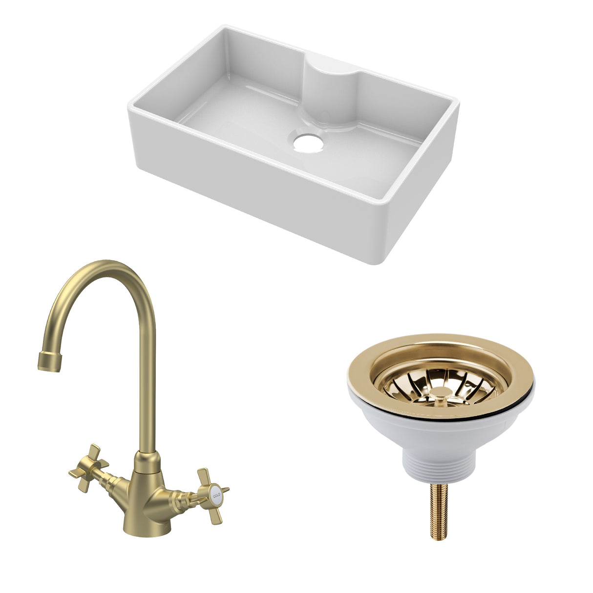 Fireclay Kitchen Bundle - Single Bowl Butler Sink with Tap Ledge, Waste & Mono Tap, 795mm - Brushed Brass