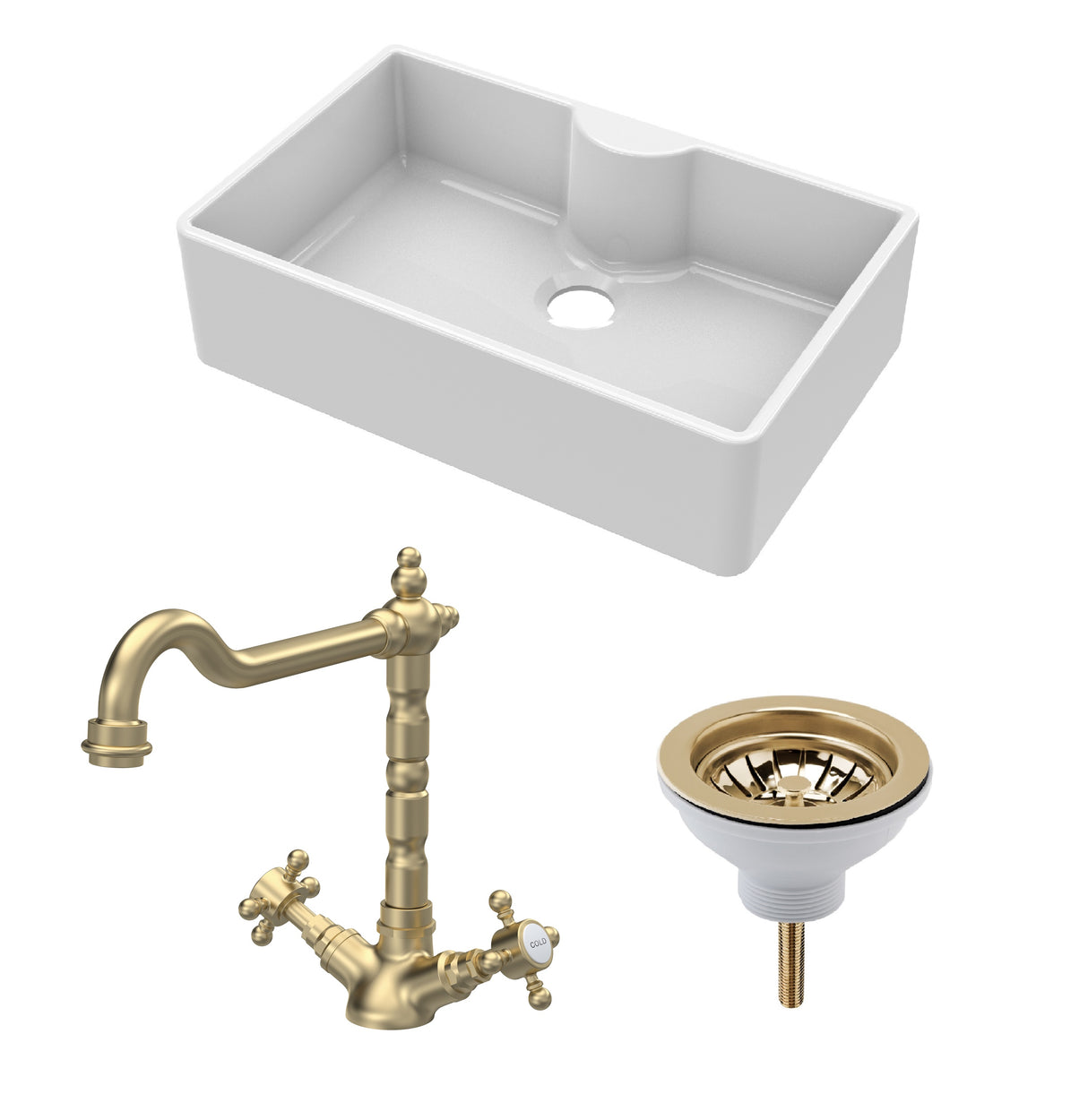 Fireclay Kitchen Bundle - Single Bowl Butler Sink with Tap Ledge, Waste & Classic Tap, 795mm - Brushed Brass