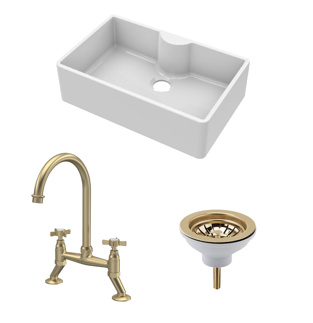 Fireclay Kitchen Bundle - Single Bowl Butler Sink with Tap Ledge, Waste & Bridge Tap, 795mm - Brushed Brass