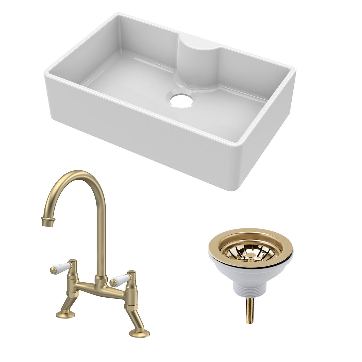 Fireclay Kitchen Bundle - Single Bowl Butler Sink with Tap Ledge, Waste & Lever Tap, 795mm - Brushed Brass