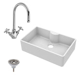 Single Bowl Fireclay Ceramic Butler Kitchen Sink Bundle with Mono Mixer Tap, Tap Ledge & Waste