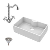 Single Bowl Fireclay Ceramic Butler Kitchen Sink Bundle with a Classic Tap, Tap Ledge & Waste