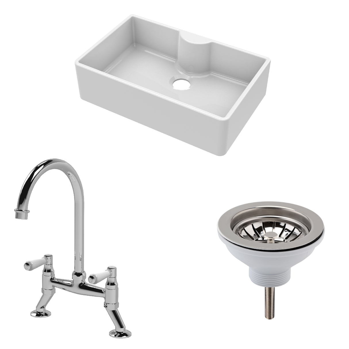 Fireclay Kitchen Bundle - Single Bowl Butler Sink with Tap Ledge, Waste & Bridge Mixer Tap, 795mm - Chrome