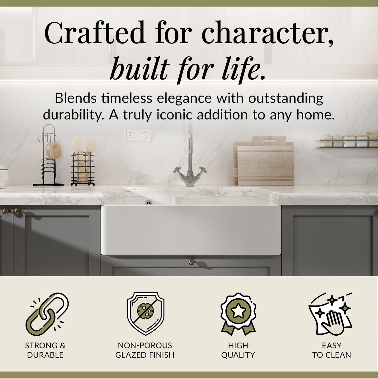 Single Bowl Fireclay Ceramic Butler Kitchen Sink with Tap Ledge and Overflow and Chrome Basket Strainer Waste - 795mm