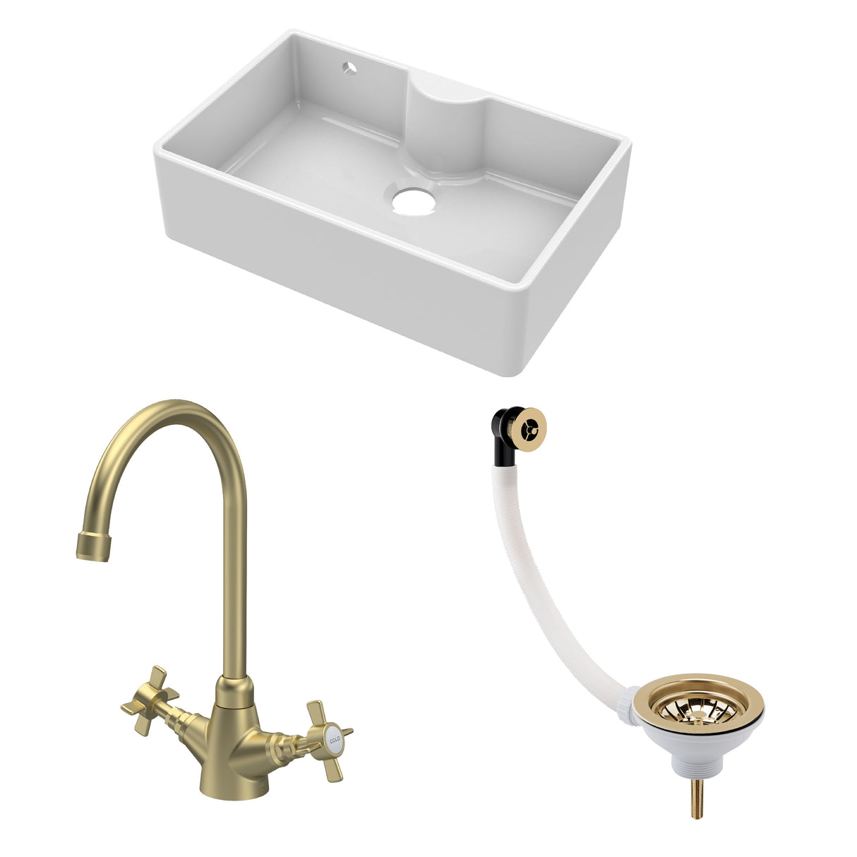 Fireclay Kitchen Bundle - Single Bowl Butler Sink with Overflow & Ledge, Waste & Mono Tap, 795mm - Brushed Brass