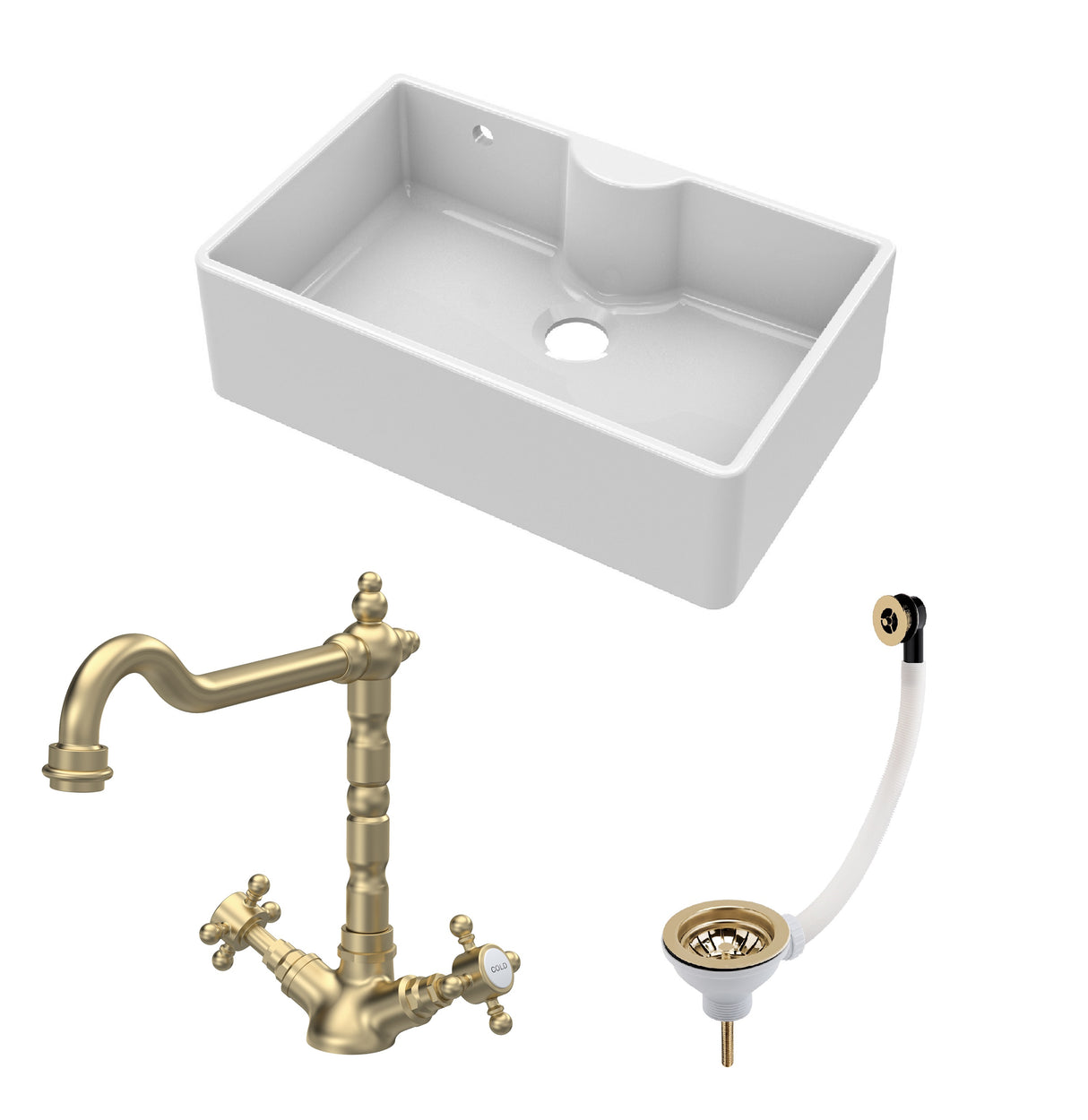 Fireclay Kitchen Bundle - Single Bowl Butler Sink with Overflow & Ledge, Waste & Classic Tap, 795mm - Brushed Brass