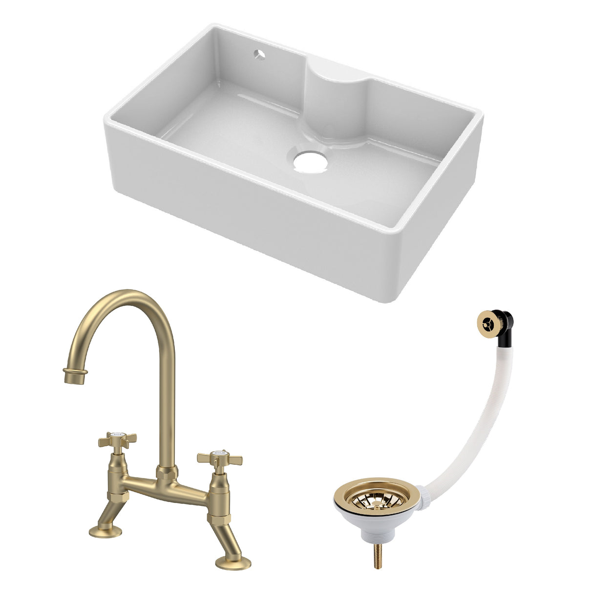 Fireclay Kitchen Bundle - Single Bowl Butler Sink with Overflow & Ledge, Waste & Bridge Tap, 795mm - Brushed Brass