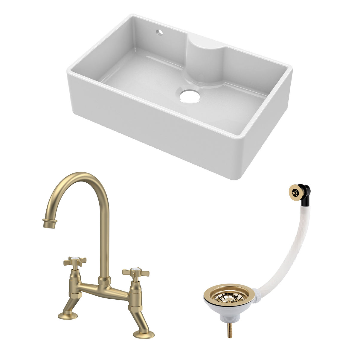 Fireclay Kitchen Bundle - Single Bowl Butler Sink with Overflow & Ledge, Waste & Bridge Tap, 795mm - Brushed Brass