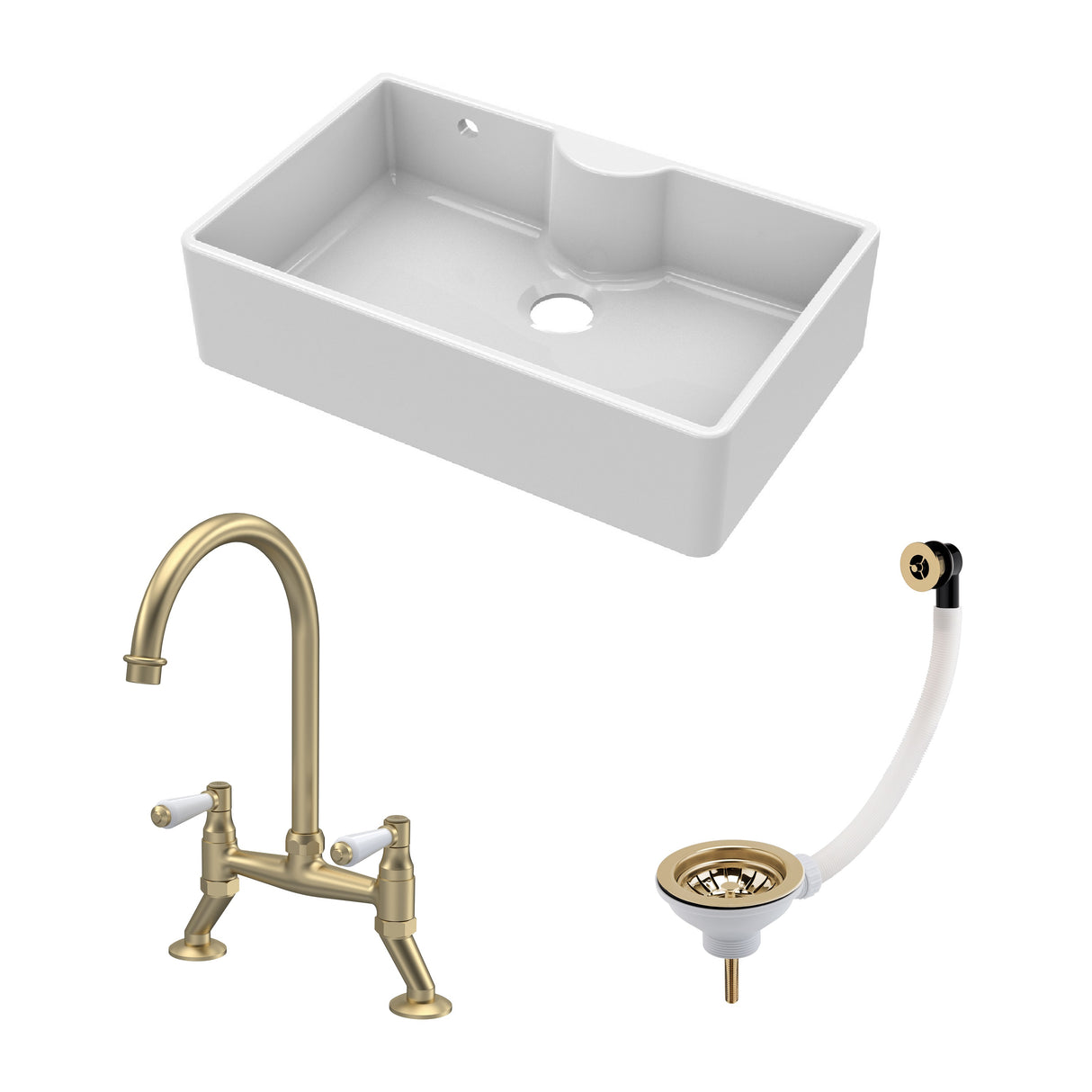 Fireclay Kitchen Bundle - Single Bowl Butler Sink with Overflow & Ledge, Waste & Lever Tap, 795mm - Brushed Brass