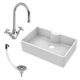 Single Bowl Fireclay Ceramic Butler Kitchen Sink Bundle with Tap Ledge, Tap & Waste